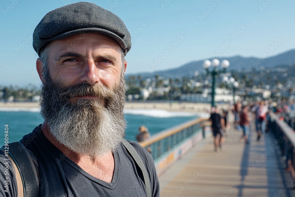 A middle-aged man with salt-and-pepper beard, standing confidently on a sunny Santa Monica pier, relaxed yet focused expression, medium close-up view, cinematic vibe 1 A middle-aged man with salt-and-pepper beard, standing confidently on a sunny Santa Monica pier, relaxed yet focused expression, medium close-up view, cinematic vibe 1