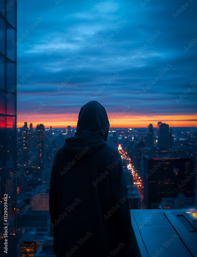 Person in a dark hooded jacket stands on a rooftop overlooking a city street illuminated by a vivid blue-orange sunset. Person in a dark hooded jacket stands on a rooftop overlooking a city street illuminated by a vivid blue-orange sunset.