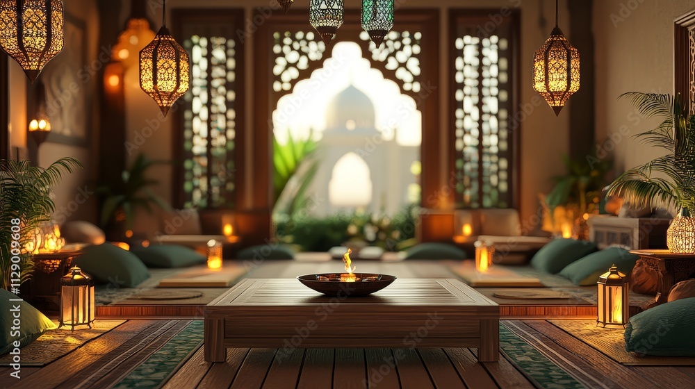 Luxurious Moroccan-style interior with low seating, lanterns, and a view of a grand mosque. Luxurious Moroccan-style interior with low seating, lanterns, and a view of a grand mosque.