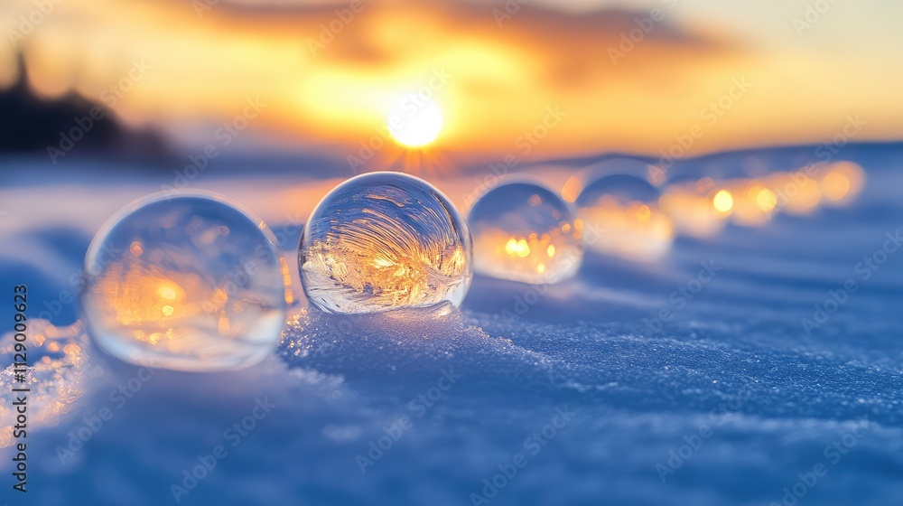A row of frozen bubbles aligned within a crystal-clear ice sheet, illuminated by diffused natural light in a winter landscape A row of frozen bubbles aligned within a crystal-clear ice sheet, illuminated by diffused natural light in a winter landscape