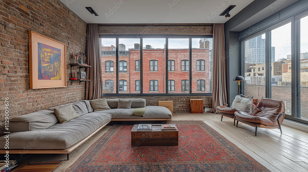 Fototapeta premium Modern loft living room with exposed brick and city views. Concept of urban living, industrial design, and open space.