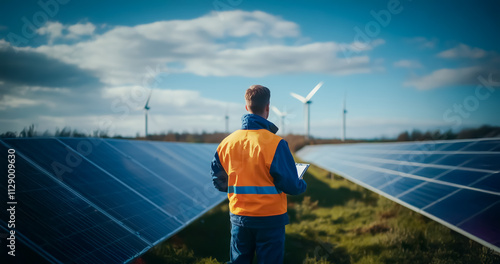 A detailed back view of a solar energy technician checking the alignment of solar panels on a sunny day, with wind turbines in the distance. photo