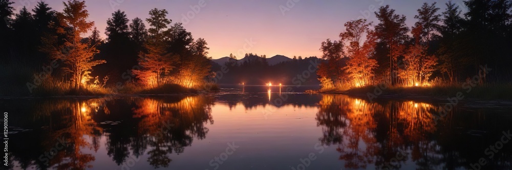 Sunlit flames dance across the calm water of a serene pond at dusk , serene, summer Sunlit flames dance across the calm water of a serene pond at dusk , serene, summer