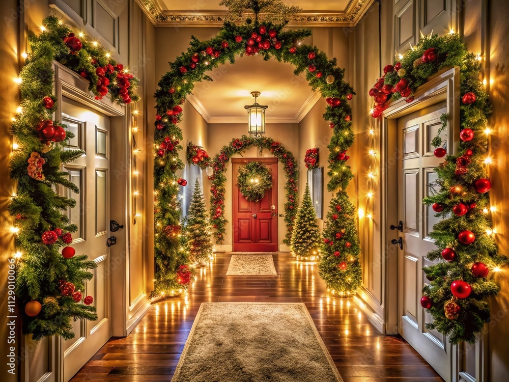 Fototapeta premium Festive Hallway Adorned with Twinkling Christmas Lights and Wreaths, Capturing the Spirit of the Holiday Season in a Warm and Welcoming Atmosphere