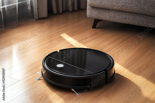 A sleek robotic vacuum cleaner resting on a wooden floor, capturing the essence of modern home technology photo