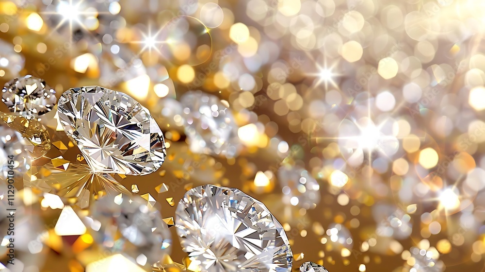 Fototapeta premium Sparkling diamonds scattered on a golden background, glittering with light.