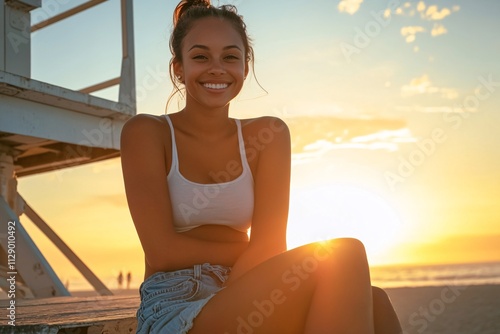 A happy confident woman with a ponytail, wearing denim shorts and a tank top, sitting on a lifeguard tower on Santa Monica beach, sunset golden light, cinematic close-up shot 3