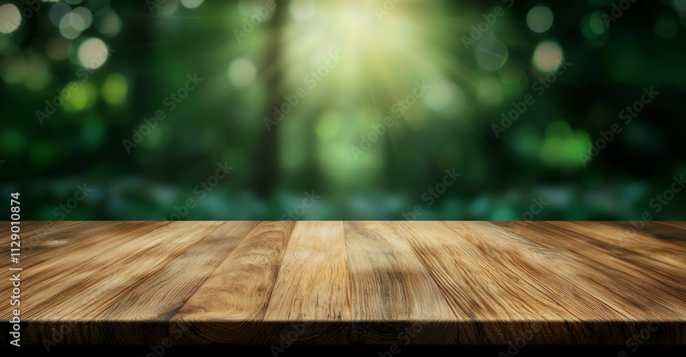 A beautiful wooden table surface with a blurred green background A beautiful wooden table surface with a blurred green background