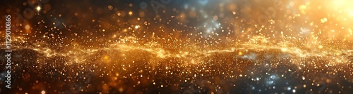 Abstract cosmic dust and nebula background with glowing particles and golden light.