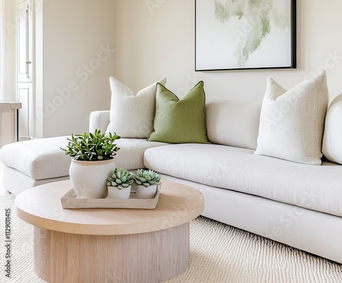 Living room with sectional sofa and pastel succulent centerpiece photo