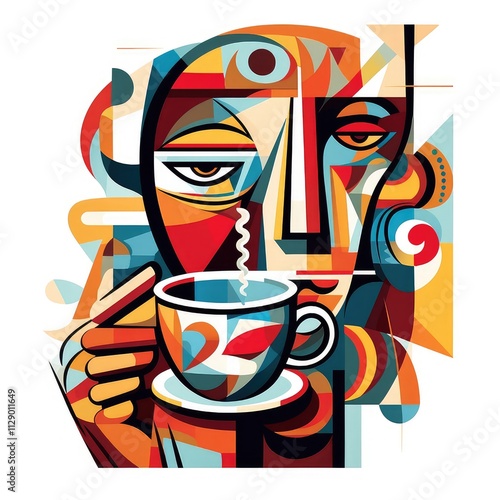 Creative cafe illustration featuring a person holding a steaming cup of coffee in an urban setting