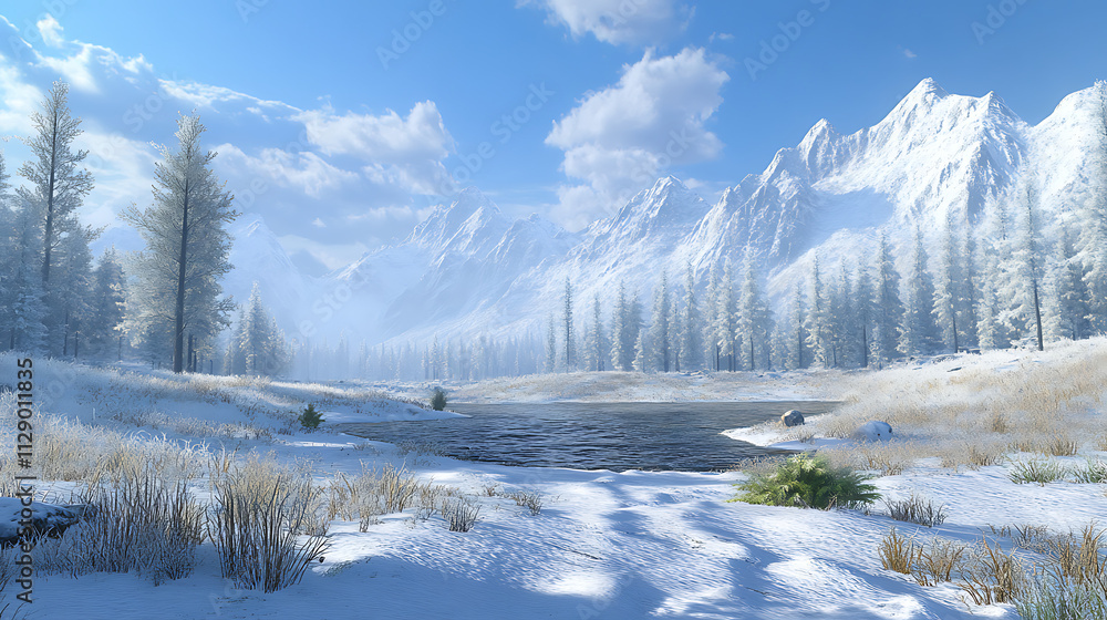 A snowy meadow dotted with frost-covered trees, leading to a range of towering snow-covered mountains (2) A snowy meadow dotted with frost-covered trees, leading to a range of towering snow-covered mountains (2)