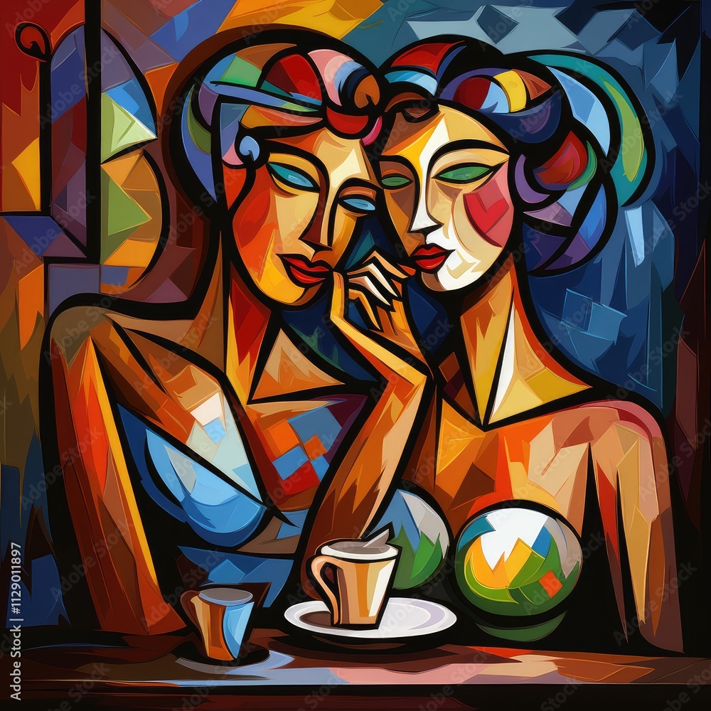 Obraz premium Creative cafe inspiration showcasing two figures enjoying coffee in an artistic city setting