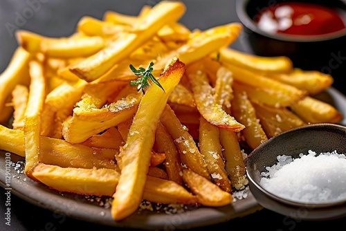 french fries golden crispy potato sticks with visible salt cryst photo