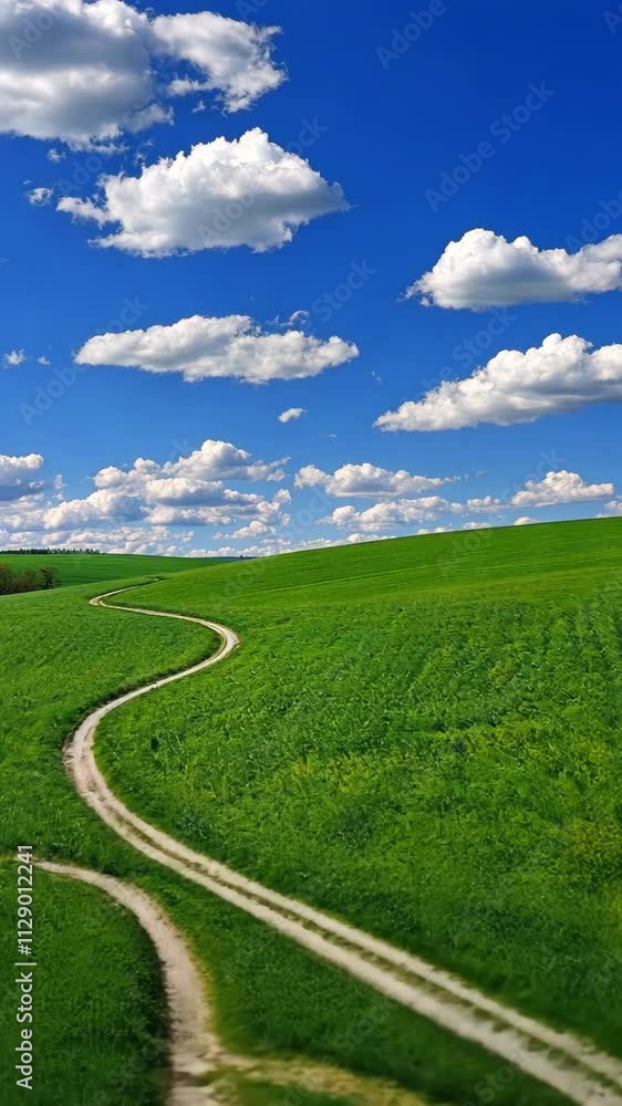 Winding dirt path through vibrant green fields under a bright blue sky with fluffy clouds Winding dirt path through vibrant green fields under a bright blue sky with fluffy clouds