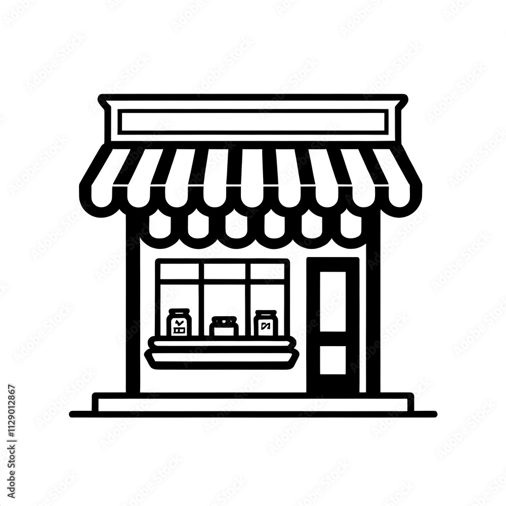 Simple Shop Icon: A clean and minimalist line art illustration of a small storefront, perfect for representing local businesses, online stores, or retail concepts.  