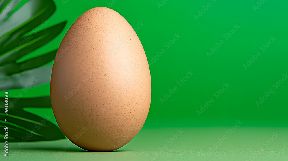 A smooth, brown egg stands on a green surface, complemented by a leafy plant, creating a fresh and vibrant atmosphere. A smooth, brown egg stands on a green surface, complemented by a leafy plant, creating a fresh and vibrant atmosphere.