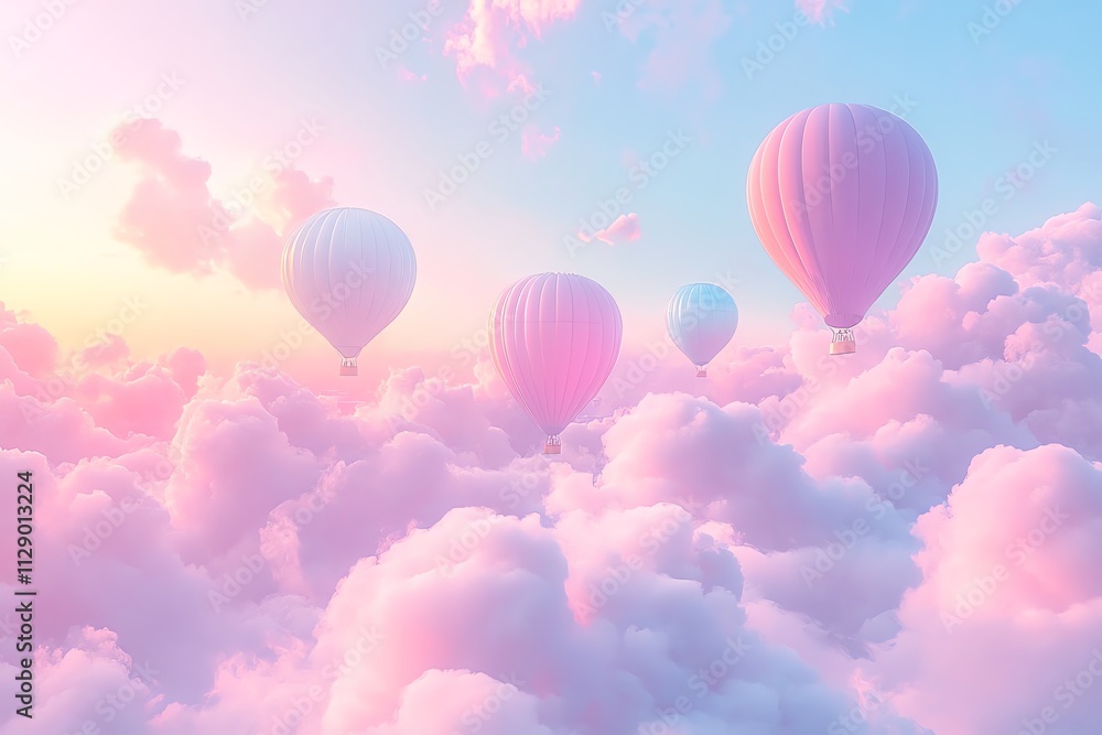 Obraz premium Hot air balloons floating among pastel clouds at sunset, creating a serene atmosphere.