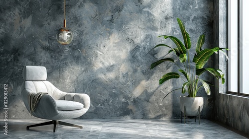 Wallpaper Mural Chic interior showcasing a sleek armchair and a leafy plant beside a neutral plaster wall Torontodigital.ca