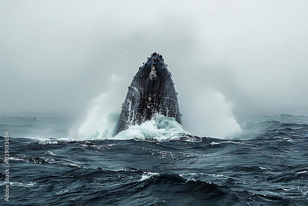 Fototapeta premium Humpback whale breaching in stormy ocean, water splashing.