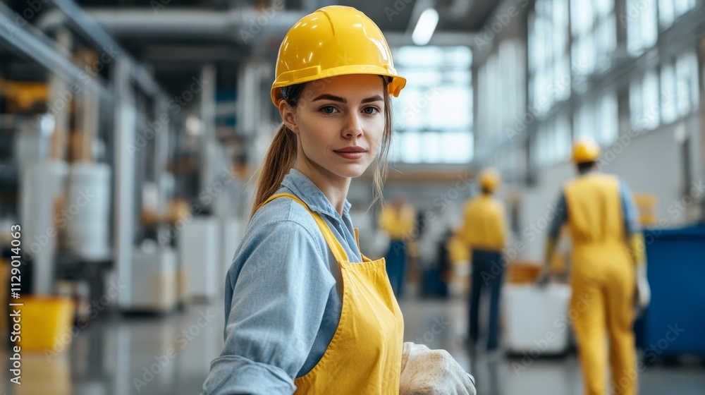 A confident woman in a hard hat and work attire stands in a factory, showcasing dedication and professionalism in a busy industrial environment. A confident woman in a hard hat and work attire stands in a factory, showcasing dedication and professionalism in a busy industrial environment.
