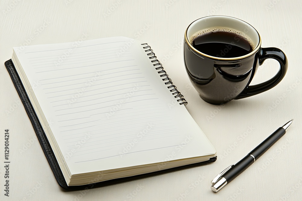 Coffee cup and notebook on a wooden desk, ready for morning work