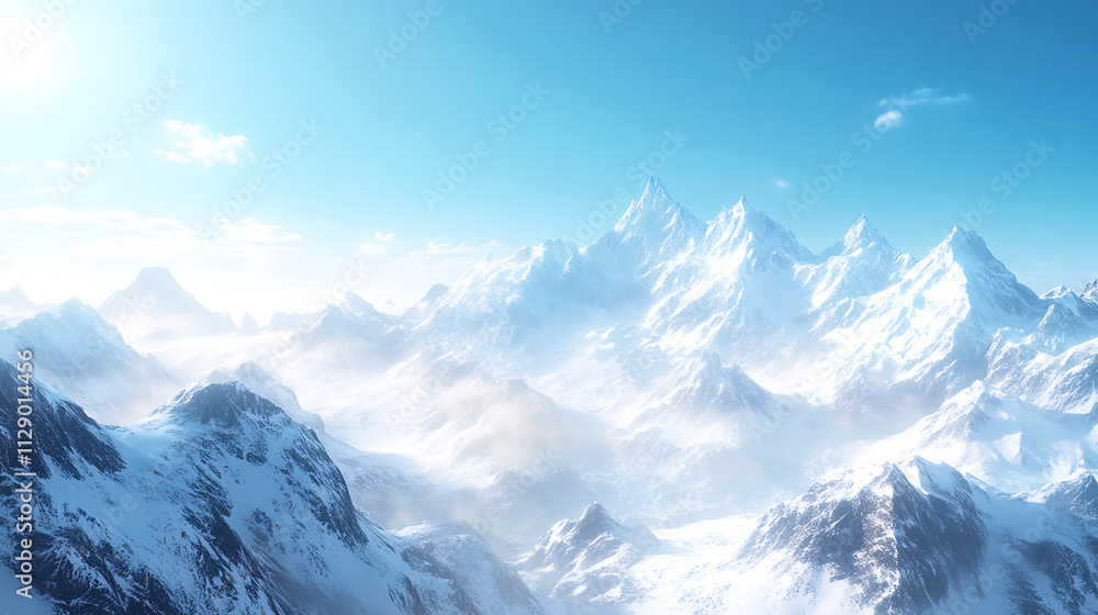 Fototapeta premium A breathtaking view of snow-capped mountains under a clear blue sky, with sunlight glistening on the snow 