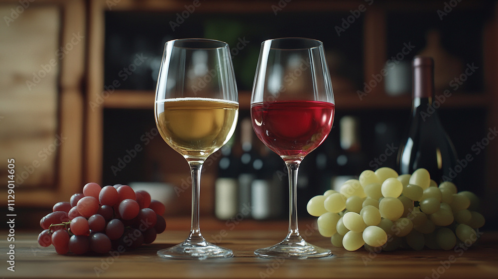 Enjoying a relaxing evening with red and white wine glasses and fresh grapes on the table Enjoying a relaxing evening with red and white wine glasses and fresh grapes on the table