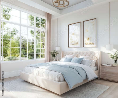 Bedroom with pastel blue bedding and gray rug
