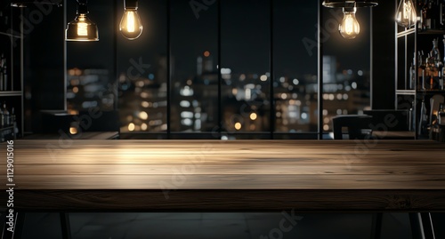 A cozy, modern interior with a wooden table illuminated by stylish pendant lights, overlooking a city skyline at night, creating an inviting atmosphere for gatherings and relaxatio photo