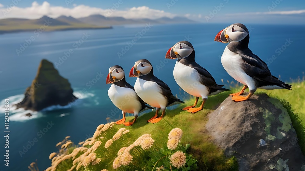 Fototapeta premium Four puffins perched on a cliff overlooking a scenic ocean vista.