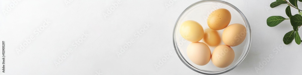 Fresh Eggs in Clear Glass Bowl on Minimalist White Countertop Fresh Eggs in Clear Glass Bowl on Minimalist White Countertop