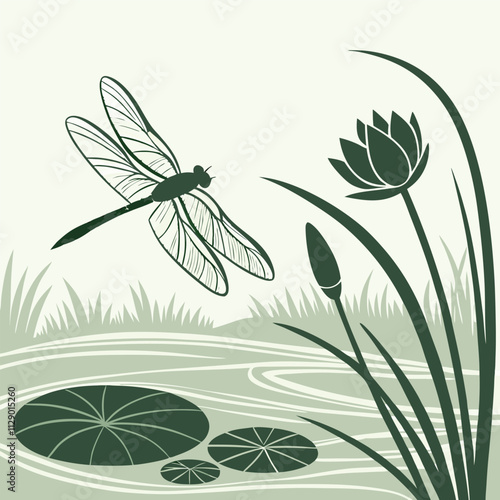 Elegant Dragonfly Silhouette on a Lily Pad in Serene Waters Silhouette of a dragonfly resting on a pond lily pad