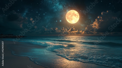 Beautiful fantasy tropical beach with full moon in the night sky