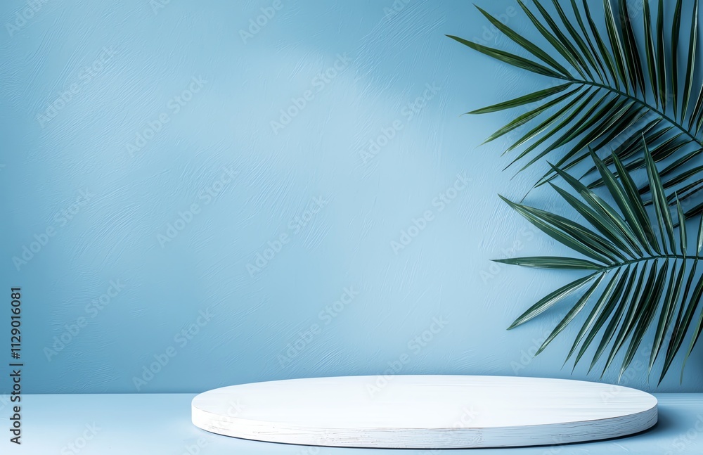 A minimalist display featuring a round pedestal against a soft blue wall, complemented by lush green palm leaves, perfect for showcasing products or creating a serene atmosphere. A minimalist display featuring a round pedestal against a soft blue wall, complemented by lush green palm leaves, perfect for showcasing products or creating a serene atmosphere.