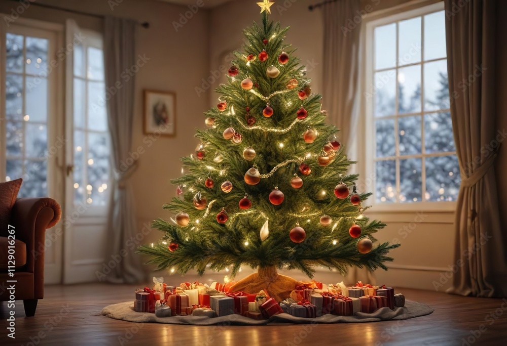 A beautiful Christmas tree with ornaments and a warm lighting, , warm ambiance A beautiful Christmas tree with ornaments and a warm lighting, , warm ambiance