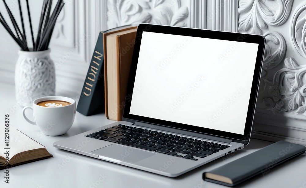 A stylish workspace featuring a laptop, books, and a coffee cup. The clean design and soft lighting create a perfect environment for productivity and creativity. A stylish workspace featuring a laptop, books, and a coffee cup. The clean design and soft lighting create a perfect environment for productivity and creativity.