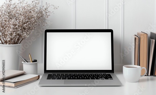 A modern workspace featuring a sleek laptop, a cup of coffee, and neatly arranged books. This scene reflects productivity and creativity in a minimalistic environment.