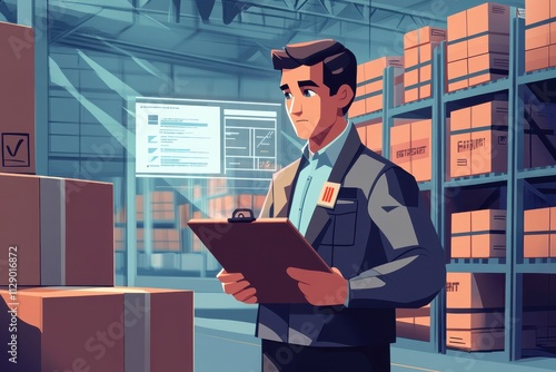 Customs officer analyzing shipment with clipboard, warehouse background, emphasizing compliance and expertise