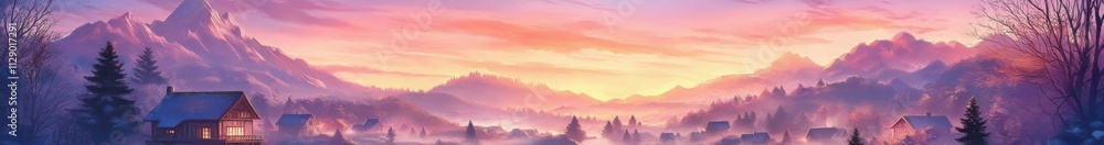 Serene Mountain Village at Dusk in Warm Pastel Hues Serene Mountain Village at Dusk in Warm Pastel Hues