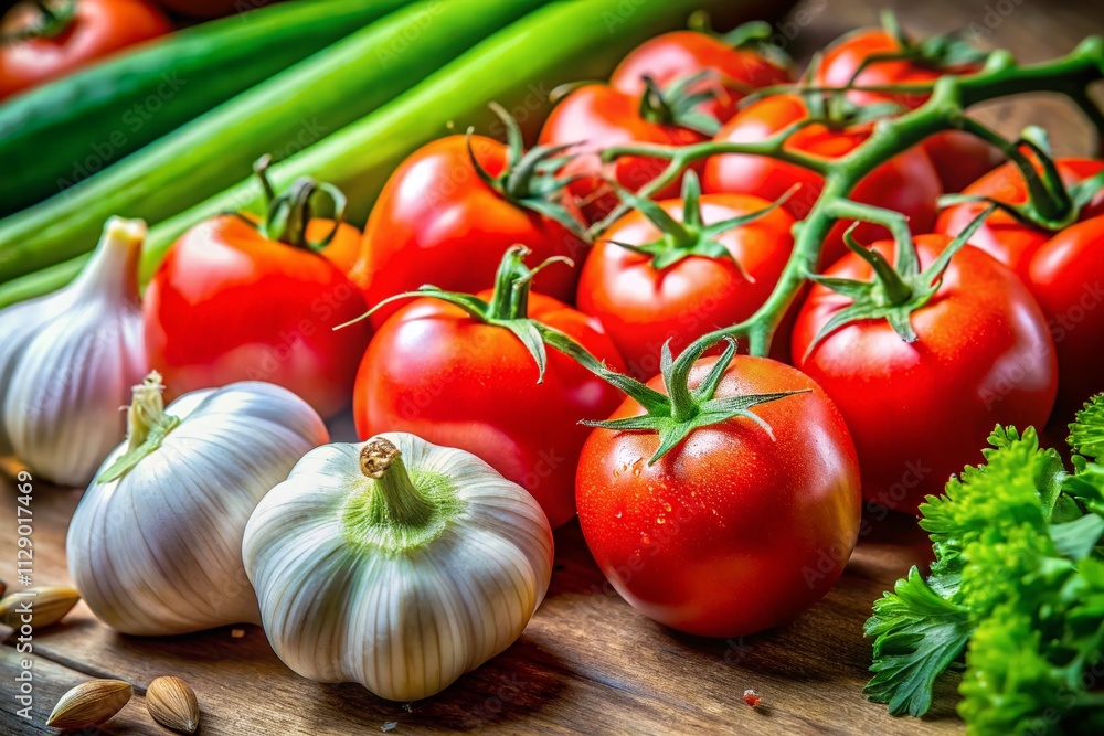 Fresh Tomatoes, Garlic, and Celery Still Life - Vibrant Macro Photography of Organic Ingredients for Culinary Inspiration and Healthy Cooking Fresh Tomatoes, Garlic, and Celery Still Life - Vibrant Macro Photography of Organic Ingredients for Culinary Inspiration and Healthy Cooking