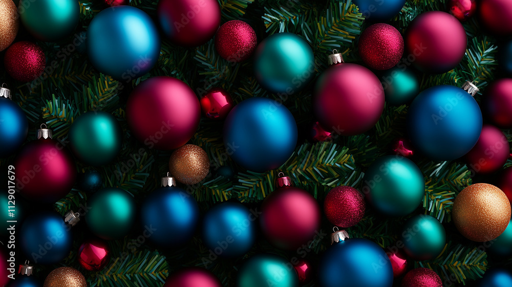 Colorful Christmas Baubles on Pine Branches Colorful Christmas Baubles on Pine Branches