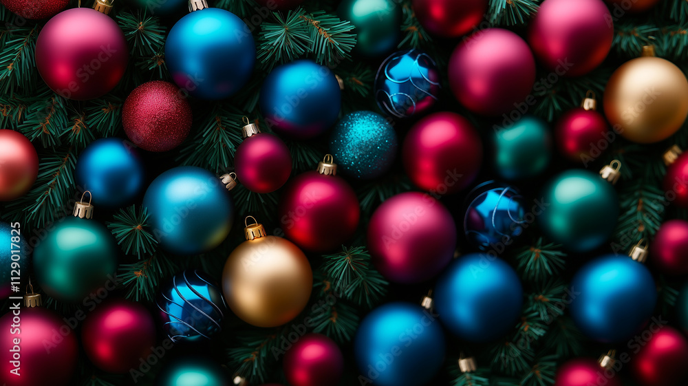 Colorful Christmas Baubles on Pine Branches Colorful Christmas Baubles on Pine Branches