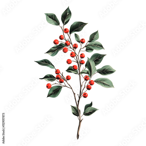 Holly branch with bright red berries and green leaves, isolated on white background. PNG transparent. photo