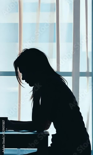 Wallpaper Mural Silhouette of woman sitting at table in front of window, disappointed depressed expression, mental crisis, exhausted frustrated mood. Human emotions and mental health Torontodigital.ca