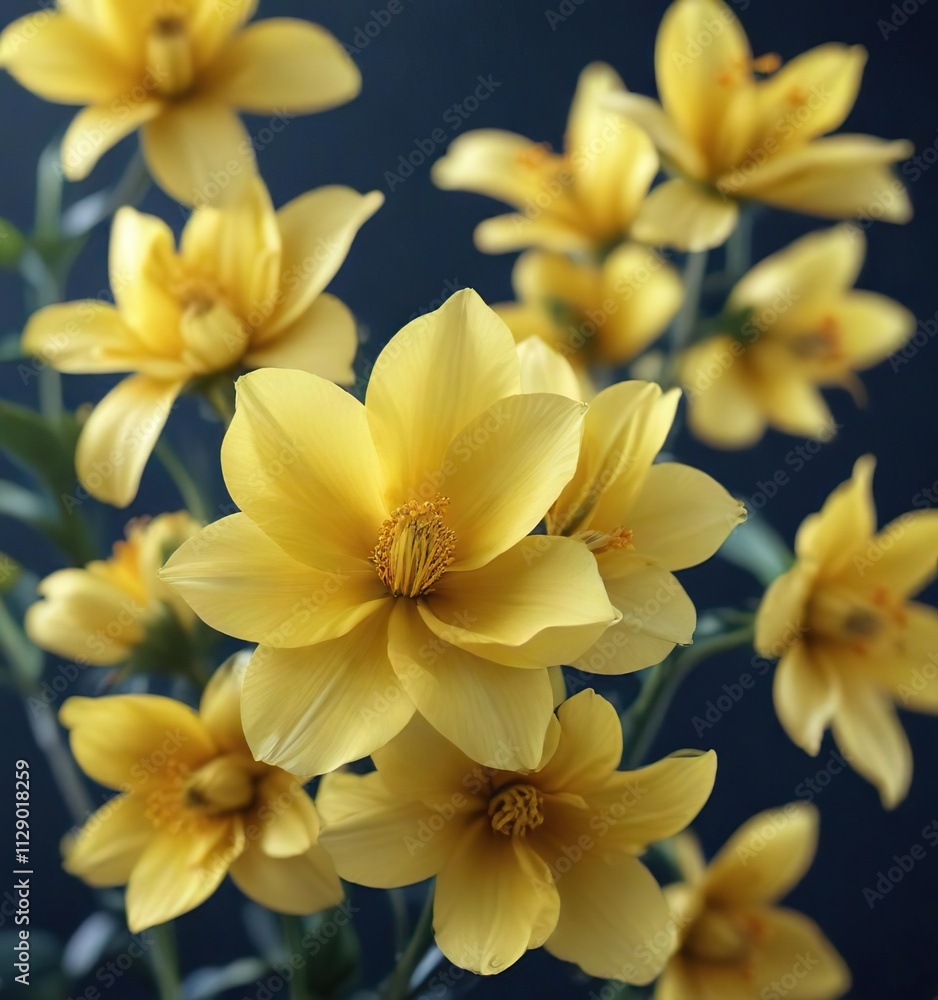 Obraz premium Soft yellow petals unfolding against a deep blue background, serene, nature