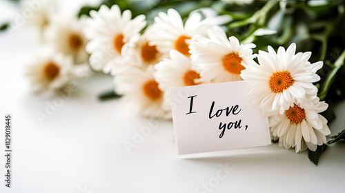a delicate bouquet of fresh white flowers with a handwritten love note saying 