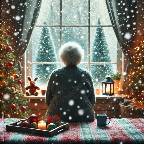 Back view of lonely old woman sitting by her selves at nursing home, Christmas time. Christmas Eve snowfall, New Year's background outside
 photo