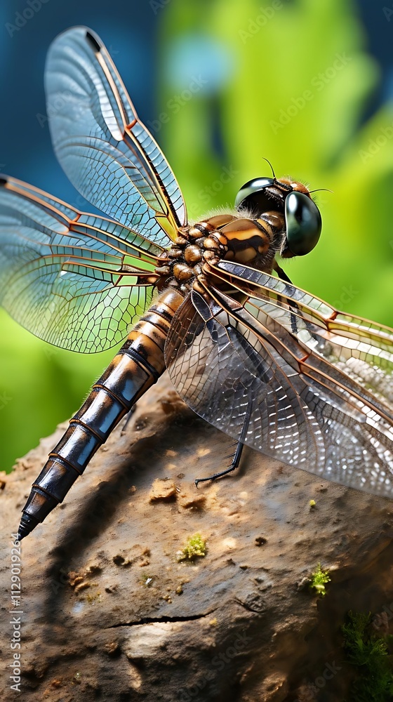 Close-up of a dragonfly perched on a log, showcasing its intricate wings and body details against a blurred green background. Close-up of a dragonfly perched on a log, showcasing its intricate wings and body details against a blurred green background.
