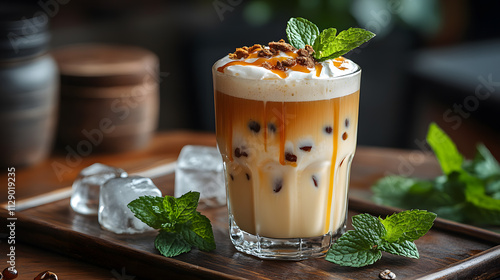 A stunning photography showcasing a cold brew served in a tall glass, topped with frothy cream and a drizzle of caramel, placed on a tray with mint leaves and ice cubes nearby.